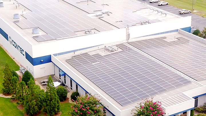 aerial view of Contec building solar panels